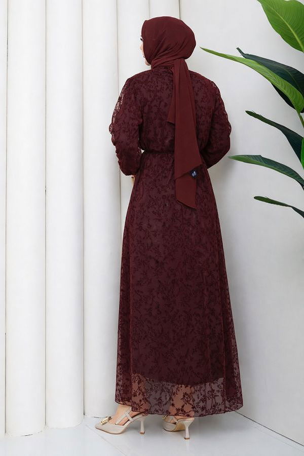 Baskı Detaylı Tesettür Elbise-5097 Bordo