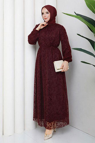 Baskı Detaylı Tesettür Elbise-5097 Bordo - Thumbnail