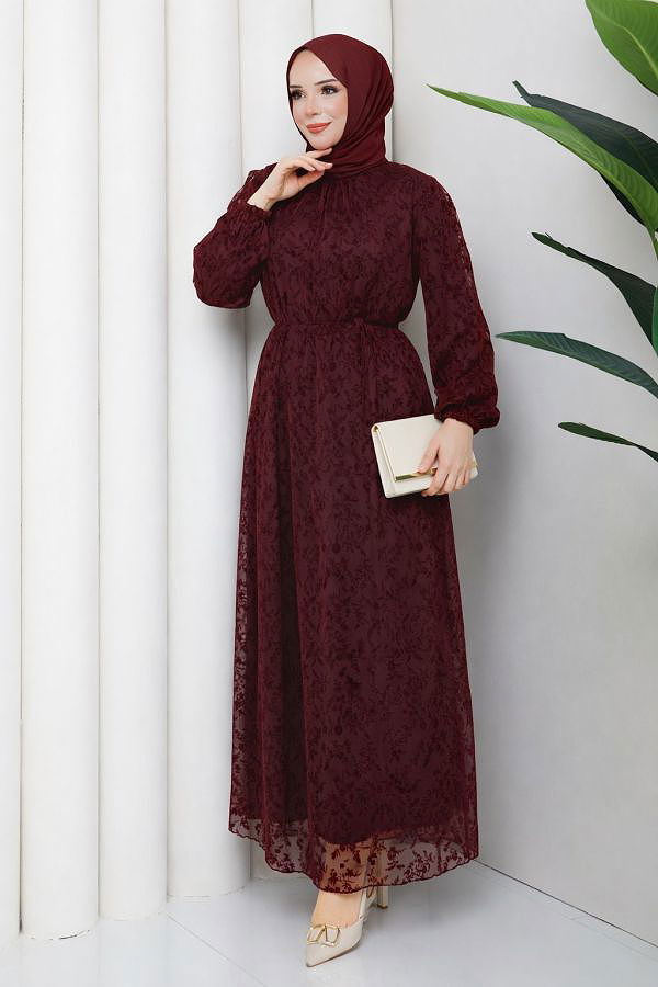 Baskı Detaylı Tesettür Elbise-5097 Bordo