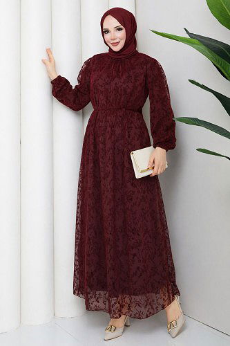 Modaebva - Baskı Detaylı Tesettür Elbise-5097 Bordo
