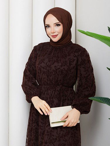 Modaebva - Baskı Detaylı Tesettür Elbise-5097 Kahverengi (1)