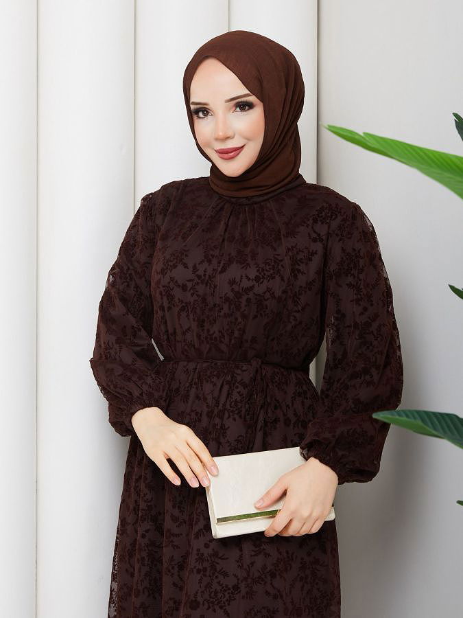 Baskı Detaylı Tesettür Elbise-5097 Kahverengi