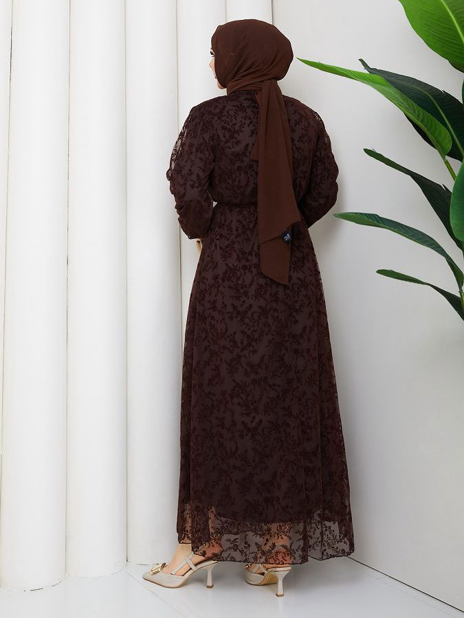 Baskı Detaylı Tesettür Elbise-5097 Kahverengi