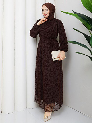 Baskı Detaylı Tesettür Elbise-5097 Kahverengi - Thumbnail