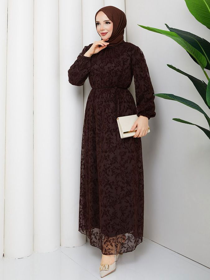 Baskı Detaylı Tesettür Elbise-5097 Kahverengi