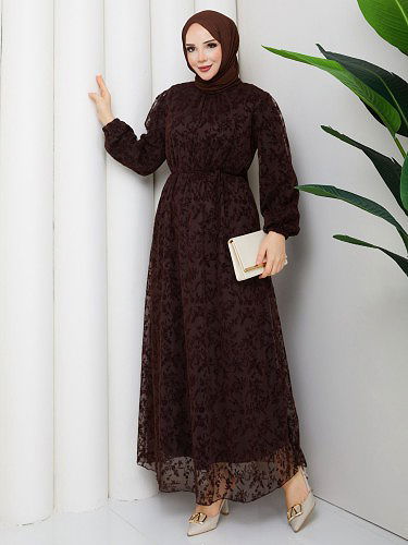 Modaebva - Baskı Detaylı Tesettür Elbise-5097 Kahverengi
