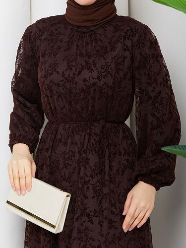 Baskı Detaylı Tesettür Elbise-5097 Kahverengi - Thumbnail