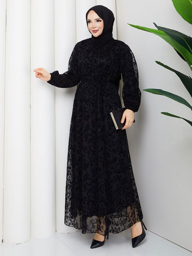 Baskı Detaylı Tesettür Elbise-5097 Siyah