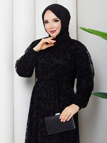 Baskı Detaylı Tesettür Elbise-5097 Siyah - Thumbnail