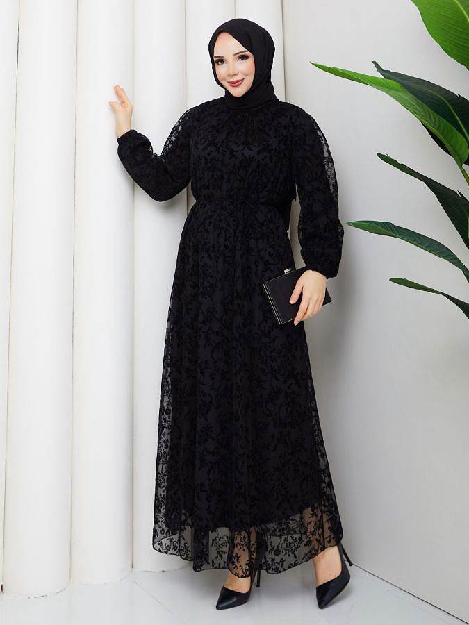 Baskı Detaylı Tesettür Elbise-5097 Siyah