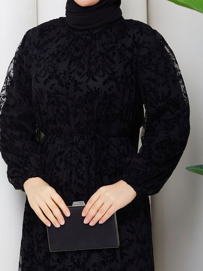 Baskı Detaylı Tesettür Elbise-5097 Siyah