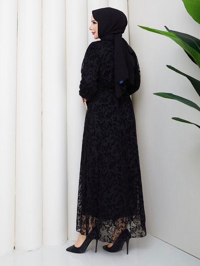 Baskı Detaylı Tesettür Elbise-5097 Siyah