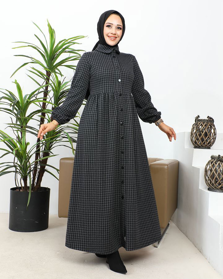 Bebe Yaka Cepli Tesettür Elbise-3166 Antrasit