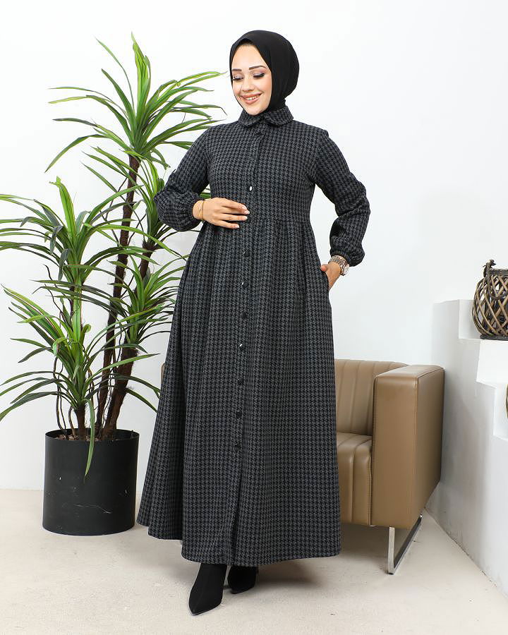 Bebe Yaka Cepli Tesettür Elbise-3166 Antrasit