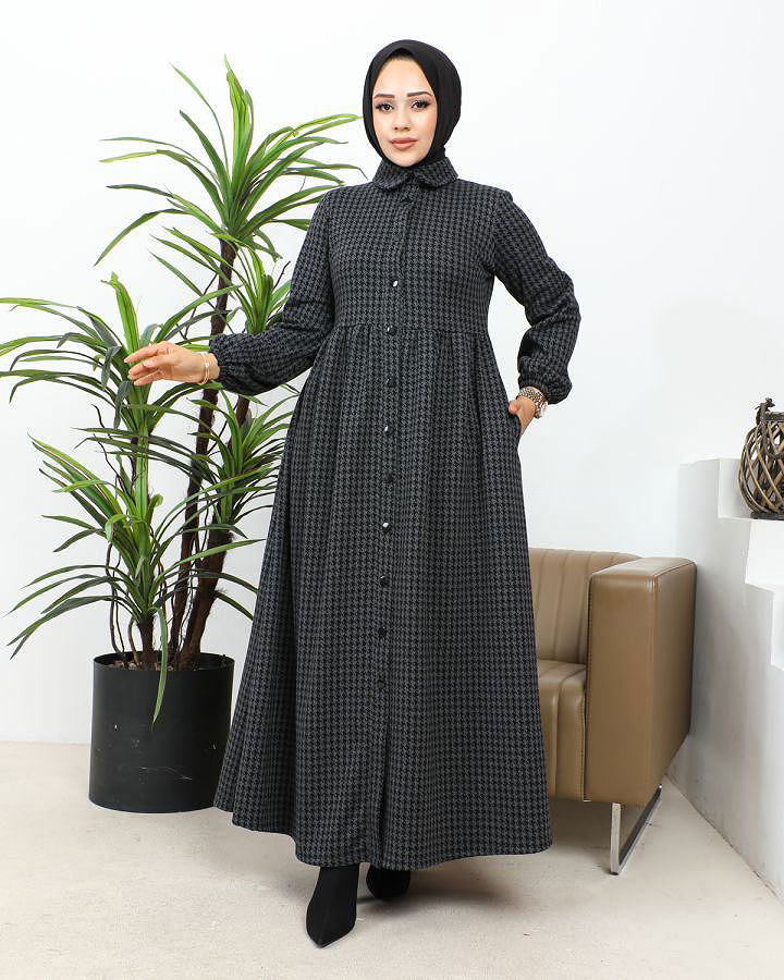 Bebe Yaka Cepli Tesettür Elbise-3166 Antrasit