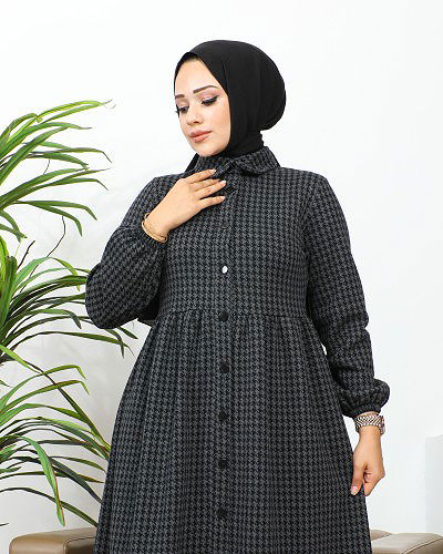 Bebe Yaka Cepli Tesettür Elbise-3166 Antrasit - Thumbnail