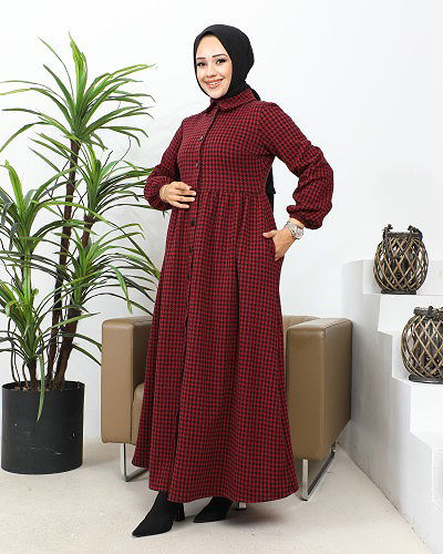 Bebe Yaka Cepli Tesettür Elbise-3166 Bordo - Thumbnail