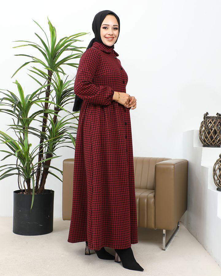 Bebe Yaka Cepli Tesettür Elbise-3166 Bordo
