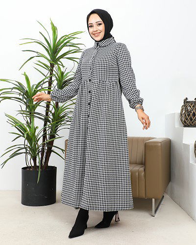 Bebe Yaka Cepli Tesettür Elbise-3166 Gri Siyah - Thumbnail