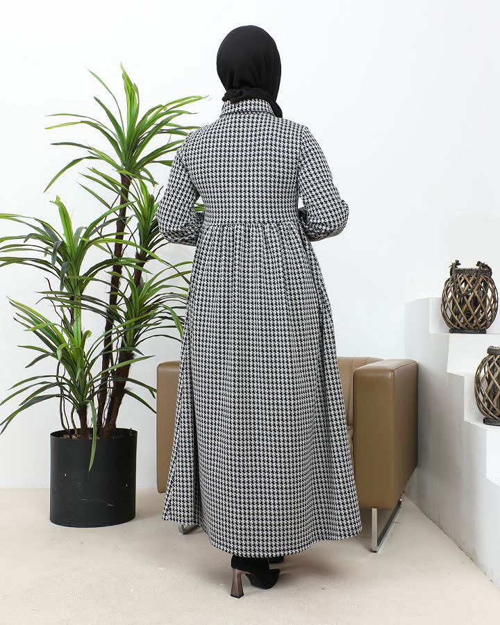 Bebe Yaka Cepli Tesettür Elbise-3166 Gri Siyah