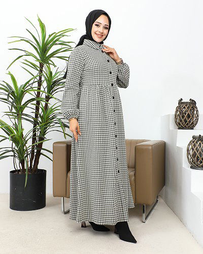 Bebe Yaka Cepli Tesettür Elbise-3166 Haki yeşili - Thumbnail