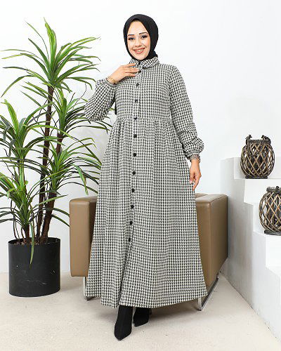 Modaebva - Bebe Yaka Cepli Tesettür Elbise-3166 Haki yeşili