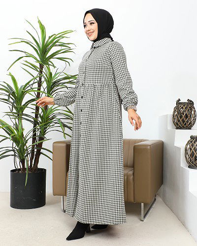 Bebe Yaka Cepli Tesettür Elbise-3166 Haki yeşili - Thumbnail