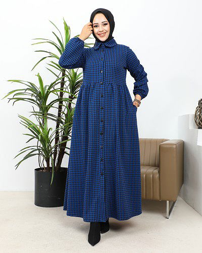 Modaebva - Bebe Yaka Cepli Tesettür Elbise-3166 Saks mavisi