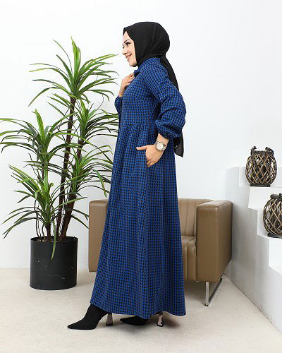 Bebe Yaka Cepli Tesettür Elbise-3166 Saks mavisi - Thumbnail