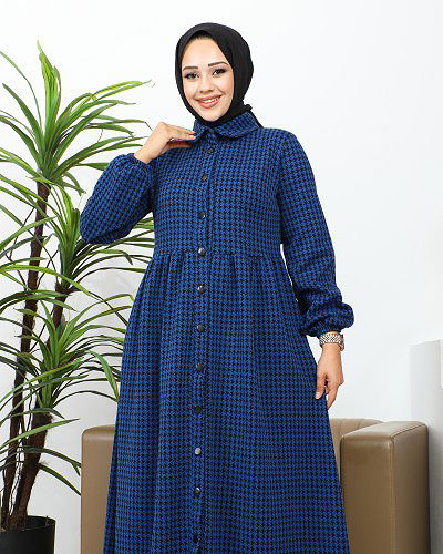 Bebe Yaka Cepli Tesettür Elbise-3166 Saks mavisi - Thumbnail