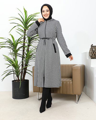 Modaebva - Belden Bağcıklı Cepli Tesettür Kap-3163 Gri Siyah