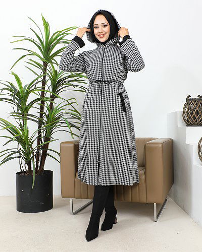 Belden Bağcıklı Cepli Tesettür Kap-3163 Gri Siyah - Thumbnail