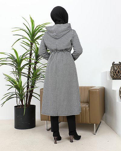 Belden Bağcıklı Cepli Tesettür Kap-3163 Gri Siyah - Thumbnail