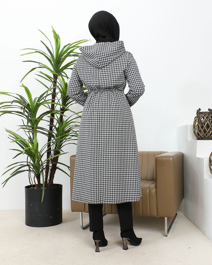 Belden Bağcıklı Cepli Tesettür Kap-3163 Gri Siyah