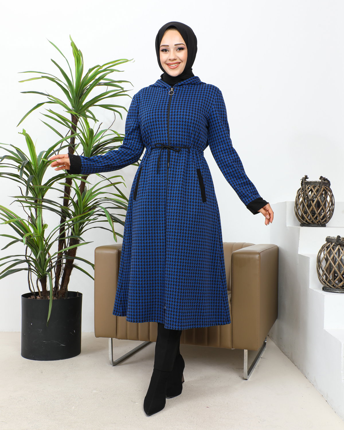 Belden Bağcıklı Cepli Tesettür Kap-3163 Saks mavisi - Modaebva