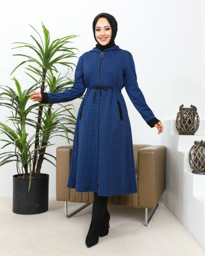 Belden Bağcıklı Cepli Tesettür Kap-3163 Saks mavisi - Modaebva