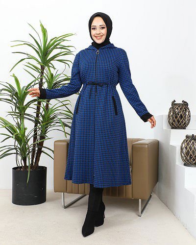 Modaebva - Belden Bağcıklı Cepli Tesettür Kap-3163 Saks mavisi