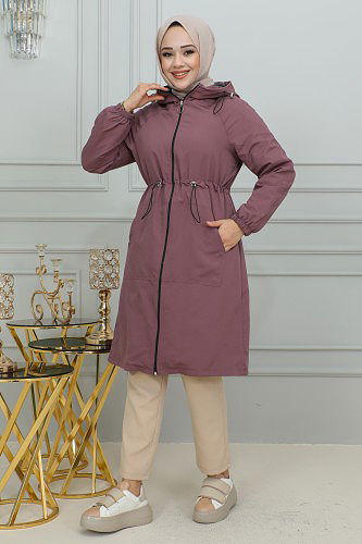 Belden Bağlamalı Kapşonlu Trençkot-1905 Gül kurusu - Thumbnail