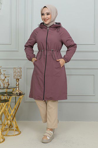 Belden Bağlamalı Kapşonlu Trençkot-1905 Gül kurusu - Thumbnail