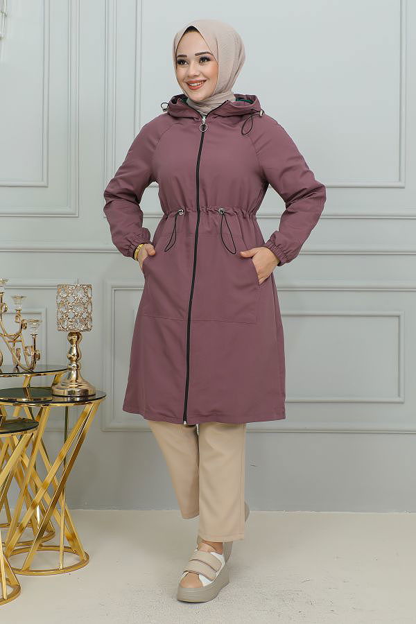 Belden Bağlamalı Kapşonlu Trençkot-1905 Gül kurusu