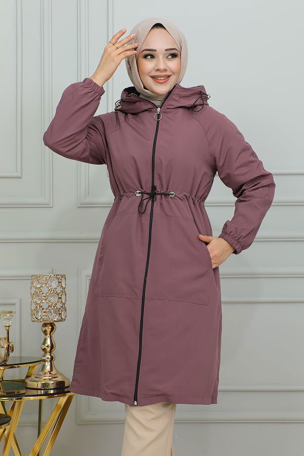 Belden Bağlamalı Kapşonlu Trençkot-1905 Gül kurusu