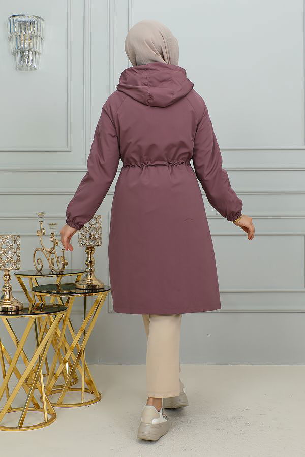 Belden Bağlamalı Kapşonlu Trençkot-1905 Gül kurusu