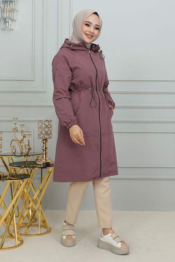 Belden Bağlamalı Kapşonlu Trençkot-1905 Gül kurusu