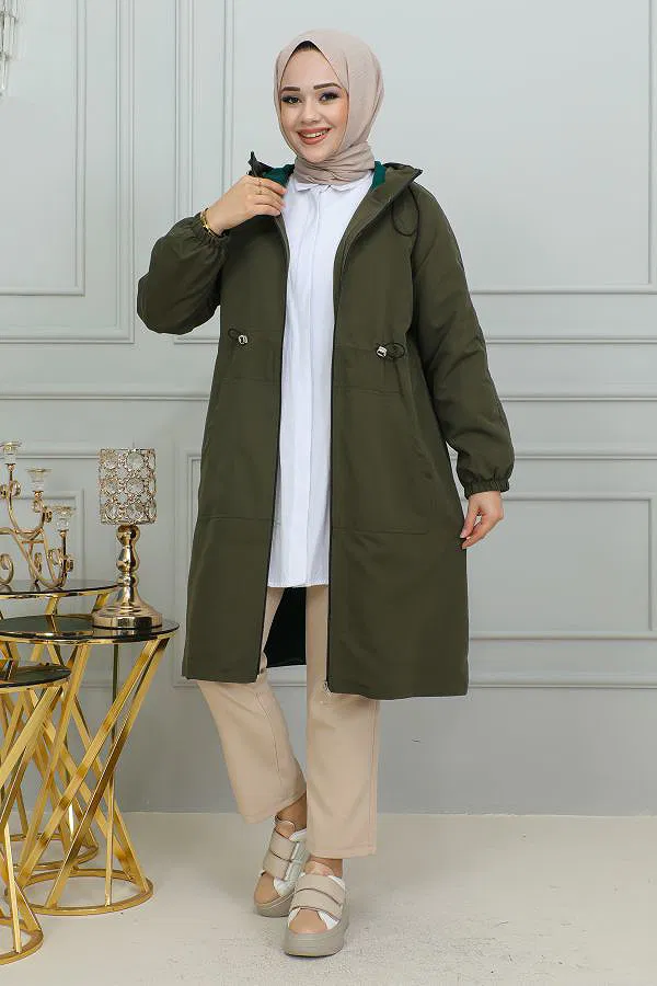 Belden Bağlamalı Kapşonlu Trençkot-1905 Haki yeşili