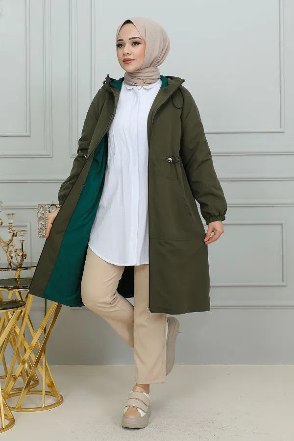 Belden Bağlamalı Kapşonlu Trençkot-1905 Haki yeşili