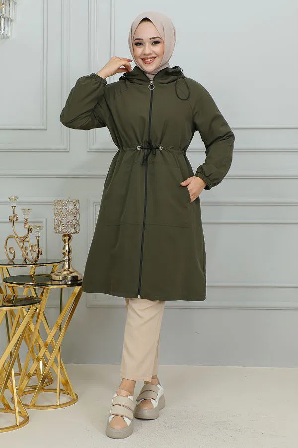 Belden Bağlamalı Kapşonlu Trençkot-1905 Haki yeşili