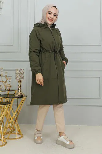 Belden Bağlamalı Kapşonlu Trençkot-1905 Haki yeşili - Thumbnail