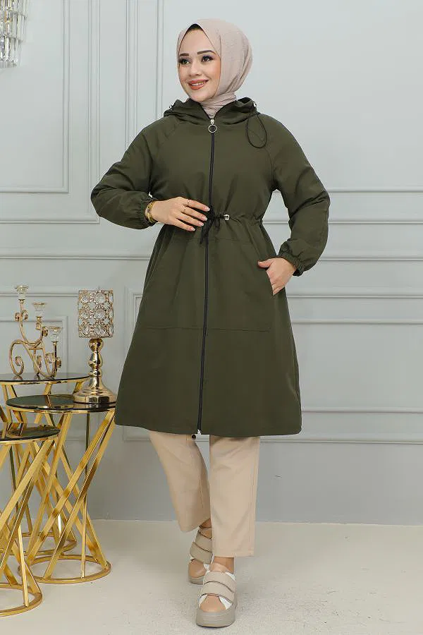 Belden Bağlamalı Kapşonlu Trençkot-1905 Haki yeşili
