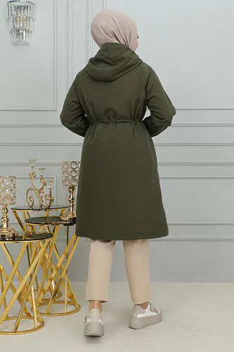 Belden Bağlamalı Kapşonlu Trençkot-1905 Haki yeşili - Thumbnail