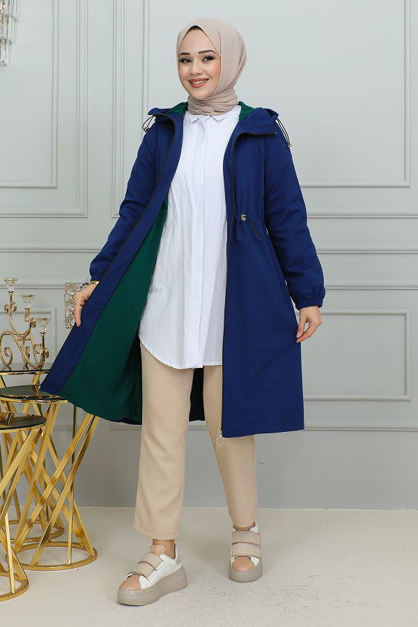 Belden Bağlamalı Kapşonlu Trençkot-1905 İndigo